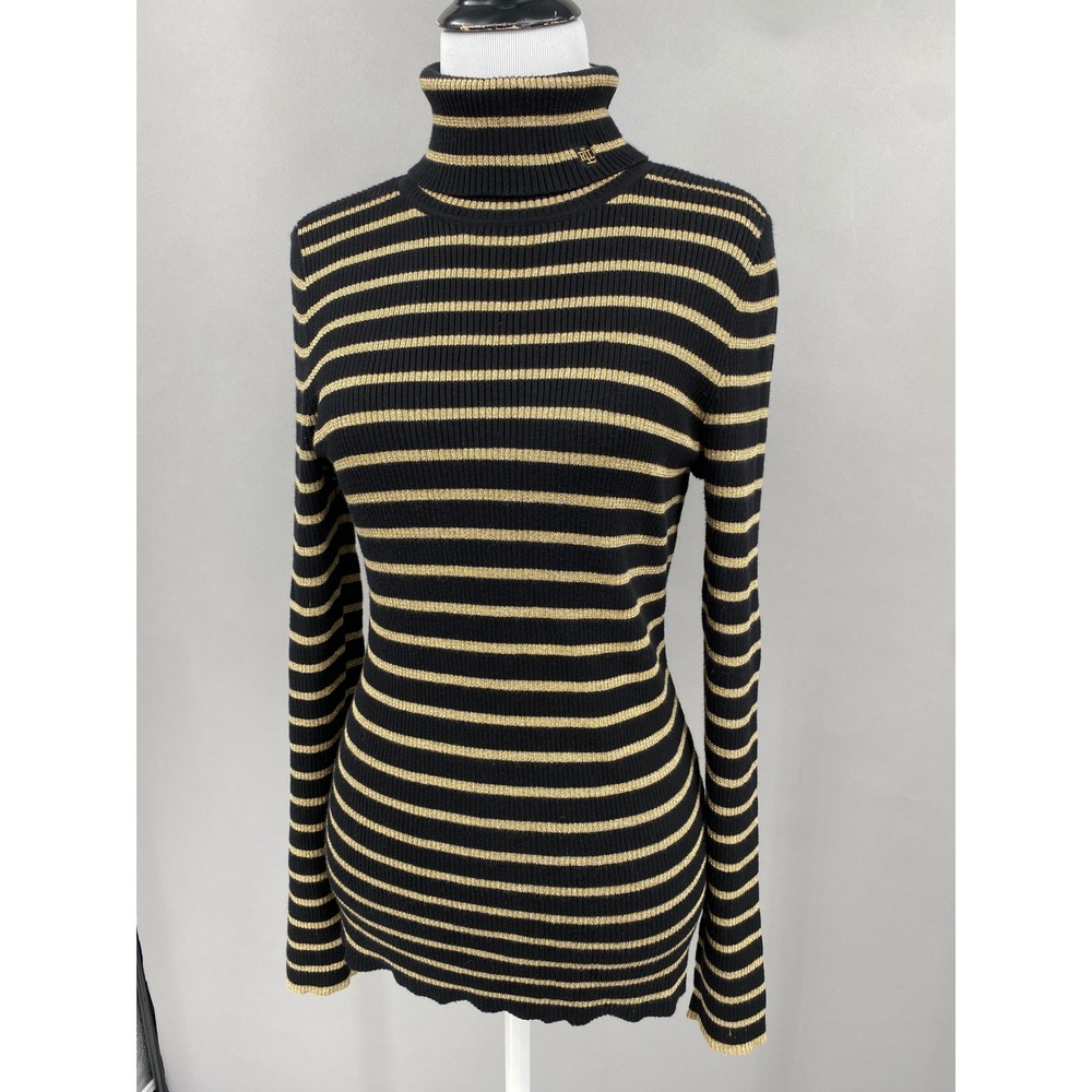 Lauren Ralph Lauren Striped Turtleneck Sweater Womens Size M Black Gold Metallic